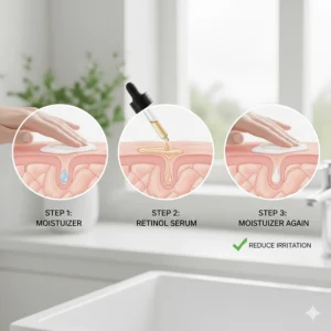Step-by-step illustration of the sandwich method applying moisturizer before and after retinol to reduce irritation.