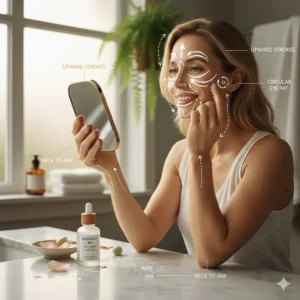 Diagram showing the correct upward massage motions for applying anti-aging serum for women in their 40s.