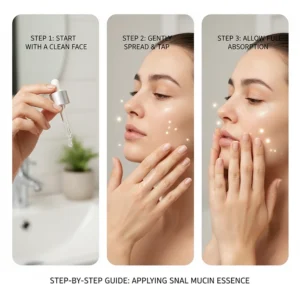 Step-by-step guide on applying snail mucin essence to damp skin for maximum absorption into acne scars.