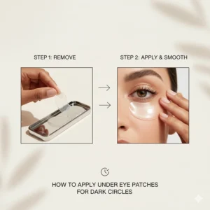 Step-by-step diagram on how to correctly position under eye patches for dark circles.