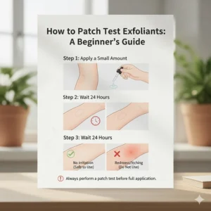 A step-by-step visual showing how to perform a patch test on the inner arm before using AHA BHA products.
