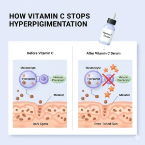Diagram showing how vitamin C serum inhibits tyrosinase to prevent dark spots and hyperpigmentation.