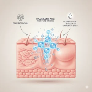 Illustration of hyaluronic acid molecules plumping the skin to minimize under-eye bags.