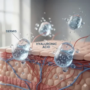 Illustration showing hyaluronic acid molecules holding water to create plump skin.