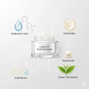 Infographic of common ingredients in a Korean sleeping mask for dry skin like Hyaluronic Acid and Ceramide.