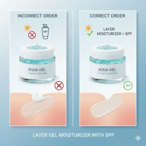 Illustration showing the correct order of applying gel moisturizer and sunscreen for summer protection.