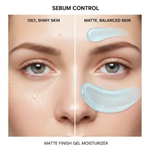 Illustration of a gel moisturizer providing a matte, shine-free finish for oily skin in summer.