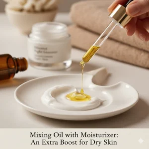 Illustration of mixing a drop of facial oil with a night cream for an extra boost of hydration for dry skin.