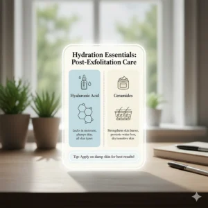 Icons of hyaluronic acid and ceramides representing the hydration needed after using chemical exfoliants.
