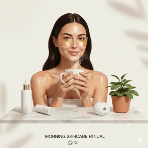 Stylized illustration of a morning skincare routine featuring under eye patches for dark circles.