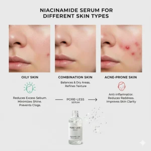 Illustration of different skin types that benefit from the best niacinamide serum for large pores.