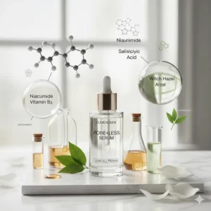 An illustration of key ingredients like Niacinamide and Salicylic Acid found in a pore minimizer serum that works.
