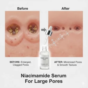 Side-by-side comparison of skin texture before and after using a niacinamide serum for large pores.