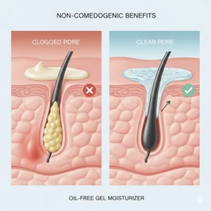 Diagram showing how non-comedogenic gel moisturizers prevent clogged pores in oily skin.