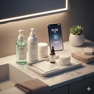 A bathroom vanity setup featuring pimple patches as a key step in an overnight acne treatment routine.