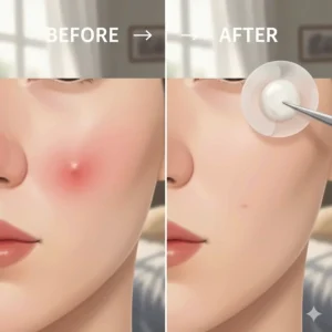 Comparison illustration showing a blemish before and after using a pimple patch for overnight acne treatment.