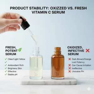 Visual guide showing the color change of oxidized vitamin C serum versus a fresh, potent formula.