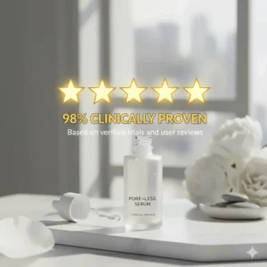 A 5-star graphic representing a pore minimizer serum that works based on verified clinical trials and user reviews.