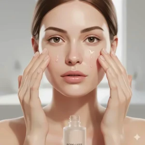 An illustration of a person with oily skin applying a pore minimizer serum that works to reduce excess sebum.