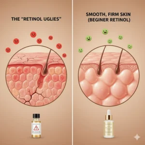 Illustration of healthy, hydrated skin avoiding redness and peeling by using the best retinol for beginners.