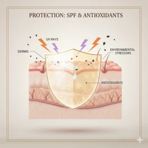 Illustration of a protective barrier formed by eye cream against UV rays and environmental stressors.
