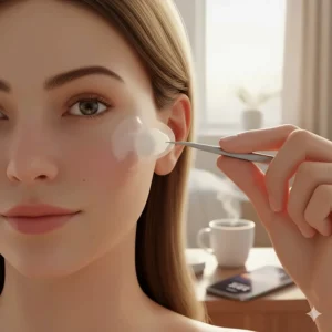 Illustration of someone removing a patch in the morning after a successful overnight acne treatment.