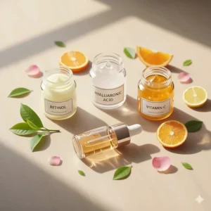 Flat lay of key anti-aging serum ingredients including retinol, hyaluronic acid, and vitamin C.
