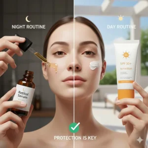 Graphic showing a retinol serum for nighttime use paired with SPF for daytime protection.