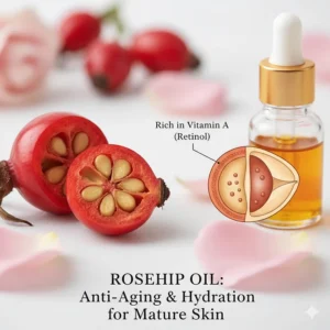 Graphic of rosehip oil seeds, a common ingredient in facial oils for dry mature skin due to its Vitamin A content.