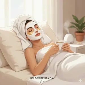 Illustration of a person relaxing while wearing under eye patches for dark circles and a face mask.