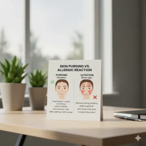 A side-by-side visual guide identifying the difference between normal skin purging and a negative reaction to acids.