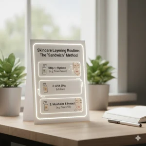 A skincare routine diagram showing where to apply AHA BHA exfoliants between cleansing and moisturizing.