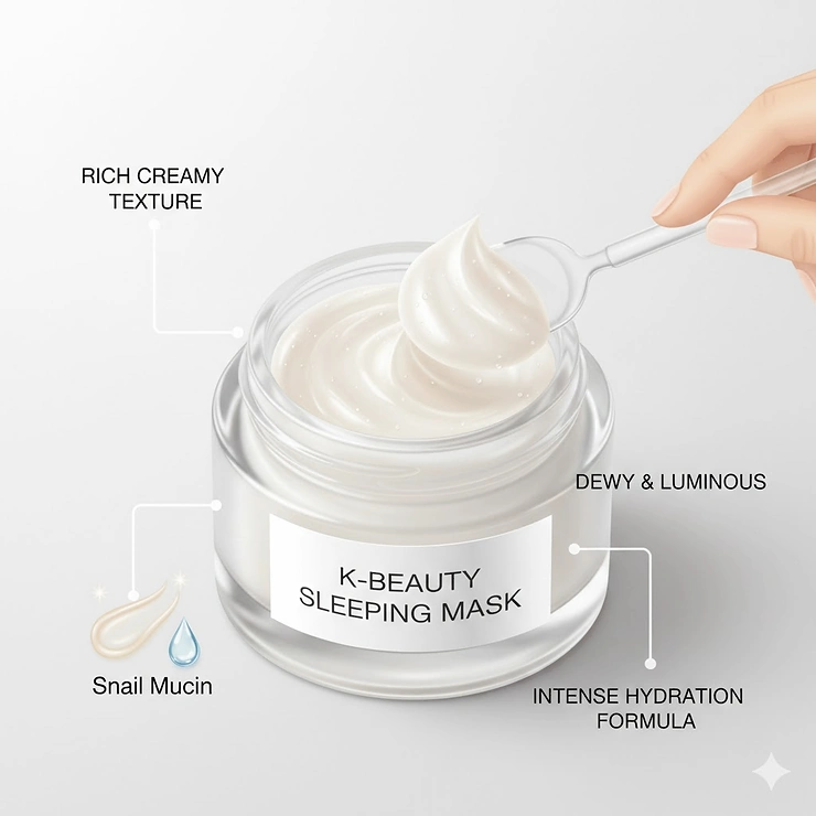 Close-up illustration of the rich, creamy texture of a Korean sleeping mask designed for intense hydration. Korean sleeping mask for dry skin