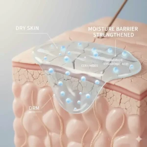 Illustration showing a Korean sleeping mask strengthening the skin's moisture barrier on dry skin.