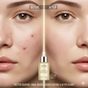 Vector graphic showing the fading of dark spots and pitted acne scars after consistent snail mucin use.