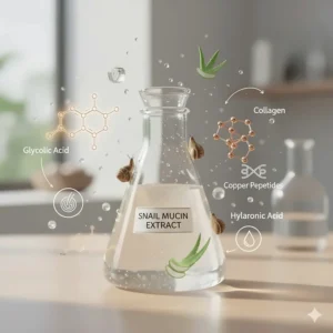 Illustration showing key components of snail mucin like glycolic acid and copper peptides for scar healing.