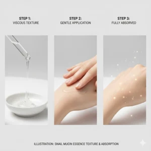 Close-up illustration of the lightweight, viscous texture of snail mucin essence absorbing into the skin.
