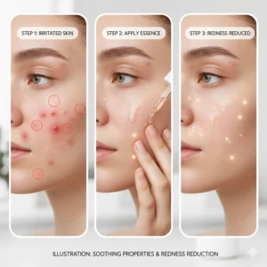 Illustration depicting the anti-inflammatory effect of snail essence on red, irritated acne-prone skin.