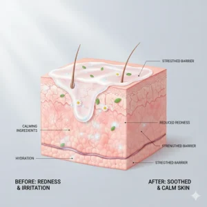 Illustration of a Korean sleeping mask calming redness and flakiness on sensitive, dry skin.