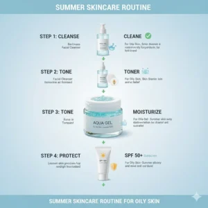 Step-by-step summer skincare routine for oily skin featuring a lightweight gel moisturizer.