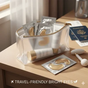 Illustration of portable, single-use under eye patches for dark circles in a travel bag.