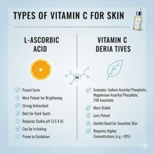 Comparison chart of L-ascorbic acid and sodium ascorbyl phosphate for treating skin discoloration.
