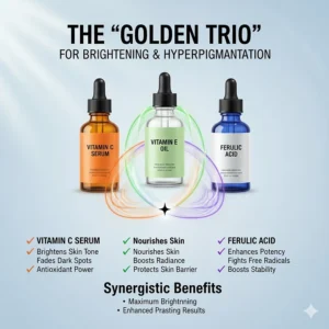 Illustration of Vitamin C, Vitamin E, and Ferulic Acid working together to brighten hyperpigmentation.
