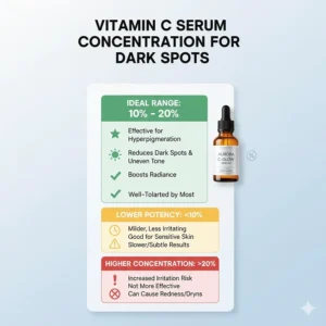 Infographic showing the ideal 10% to 20% concentration for a vitamin C serum for hyperpigmentation.