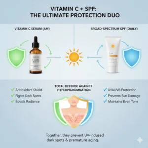 Illustration showing how vitamin C serum and SPF work together to prevent UV-induced hyperpigmentation.