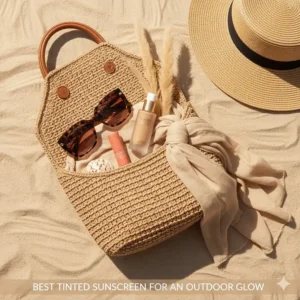 A flat lay of a beach bag containing tinted sunscreen, sunglasses, and a hat for a summer glowing skin routine.
