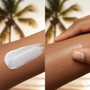 A side-by-side comparison of mineral sunscreen being rubbed into the skin until it becomes completely transparent.