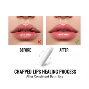 Simple icons representing the healing stages of severely chapped lips after consistent balm use.