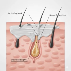 Diagram of kaolin clay particles absorbing oil and drawing out impurities from a skin pore.