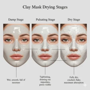 Visual representation of the three stages of a clay mask: damp, pulsating, and dry.